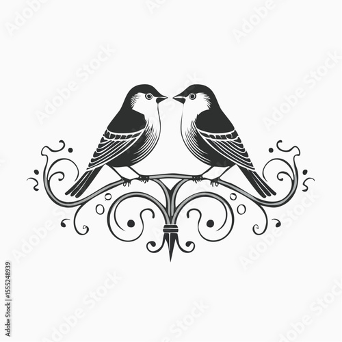 Two Birds Perched on an Artificial Iron Branch in a Minimalist Vector Illustration