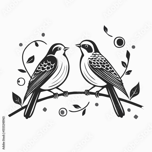 Two Birds Perched on an Artificial Iron Branch in a Minimalist Vector Illustration