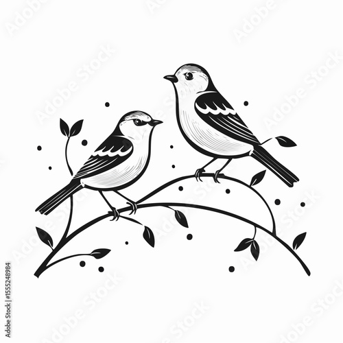 Two Birds Perched on an Artificial Iron Branch in a Minimalist Vector Illustration