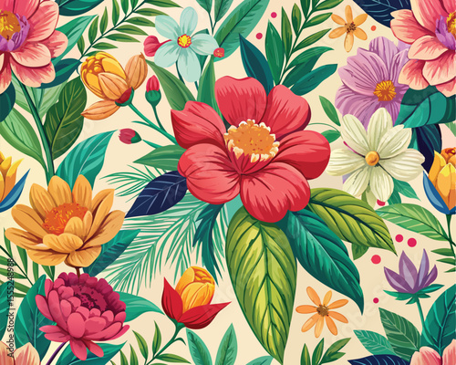 Seamless floral pattern with vibrant colorful flowers fabric pattern design vector 