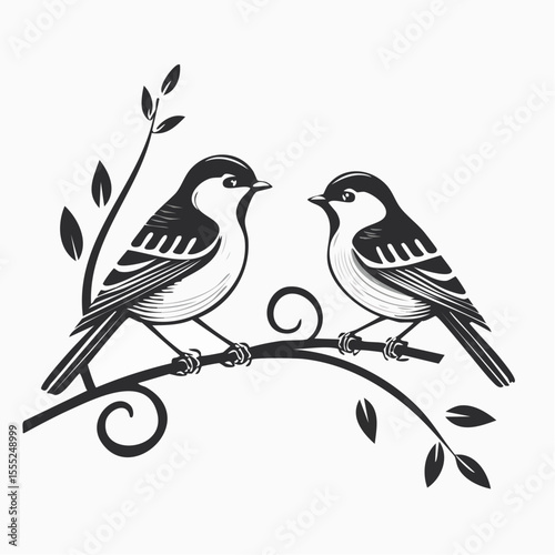 Two Birds Perched on an Artificial Iron Branch in a Minimalist Vector Illustration