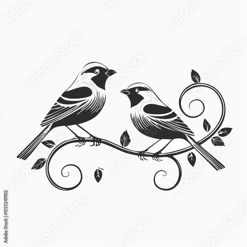 Two Birds Perched on an Artificial Iron Branch in a Minimalist Vector Illustration