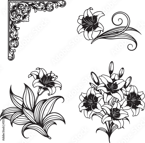 Black and white floral elements and ornate corner design lily flower