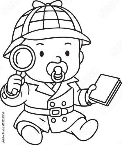 Baby Detective: Adorable baby in detective costume with magnifying glass and files.
