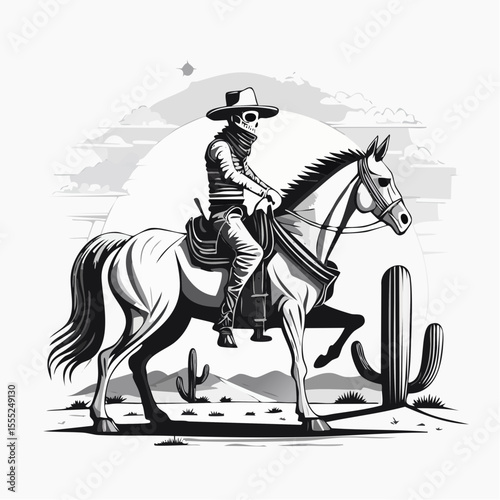 Cowboy Skull Riding a Skeletal Horse Across the Desert in a Western Vector Scene