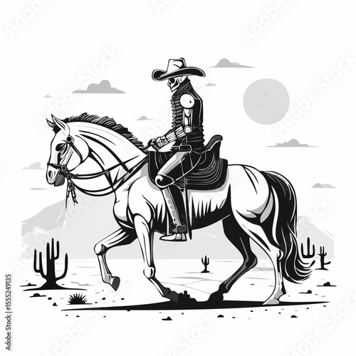 Cowboy Skull Riding a Skeletal Horse Across the Desert in a Western Vector Scene