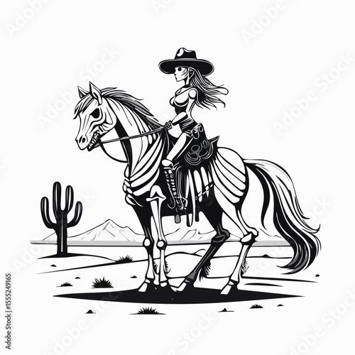 Cowboy Skull Riding a Skeletal Horse Across the Desert in a Western Vector Scene