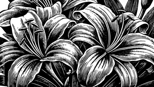 lily flower with curving petals and long stamens, a black and white sketch vector