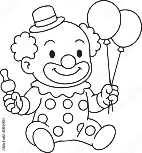 Clown Holding Balloons: A whimsical monochrome illustration of a smiling clown with curly hair, wearing a hat and a polka-dotted outfit, holding colorful balloons and a playful squeaker.
