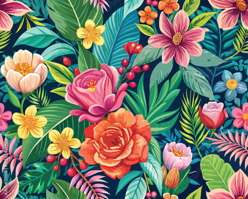 Seamless floral pattern with vibrant colorful flowers fabric pattern design vector 