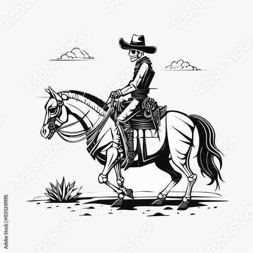 Cowboy Skull Riding a Skeletal Horse Across the Desert in a Western Vector Scene