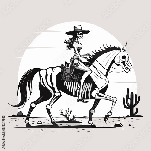 Cowboy Skull Riding a Skeletal Horse Across the Desert in a Western Vector Scene