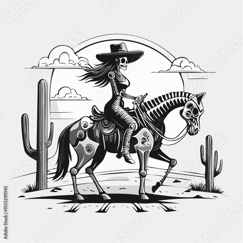 Cowboy Skull Riding a Skeletal Horse Across the Desert in a Western Vector Scene
