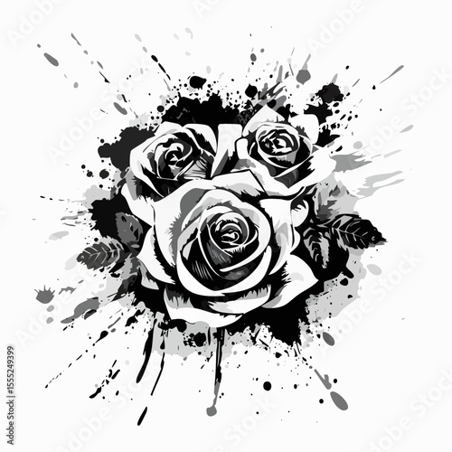 Grunge roses with splatters Vector Image isolated on white background.