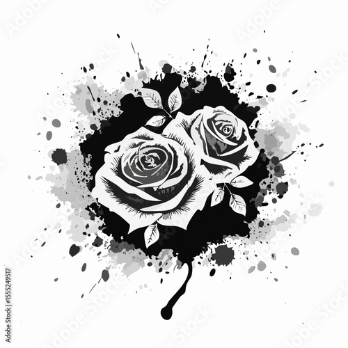 Grunge roses with splatters Vector Image isolated on white background.