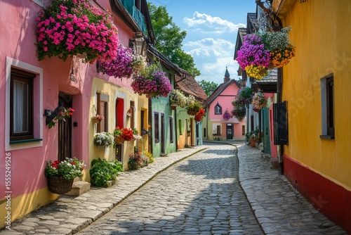 Quaint cobblestone street lined with pastel houses featuring hanging flower baskets. Bright colors create an inviting atmosphere perfect for leisurely strolls on a sunny day