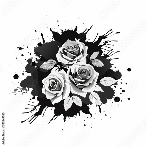 Grunge roses with splatters Vector Image isolated on white background.
