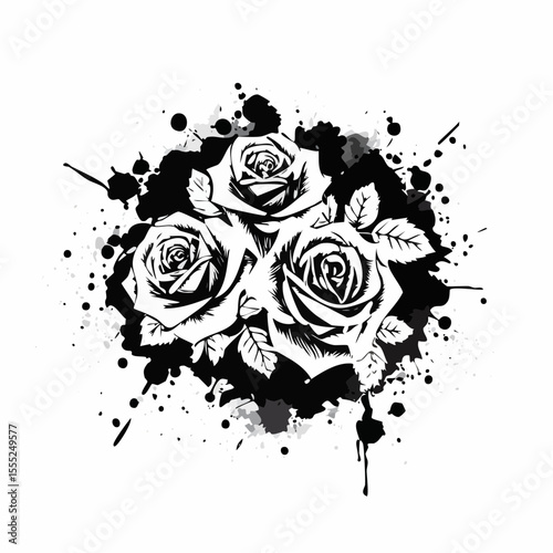 Grunge roses with splatters Vector Image isolated on white background.