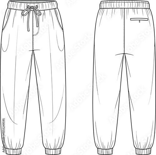 CAD vector illustration of jogger pants front and back view, flat fashion sketch, technical drawing, casual wear design, garment template
