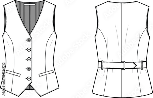 CAD vector illustration of tailored vest with buttons and belt, front and back view, flat fashion sketch, formal garment design