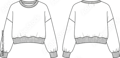 Cropped sweatshirt fashion cad drawing, technical flat vector illustration of long sleeve crew neck pullover with ribbed cuffs and hem