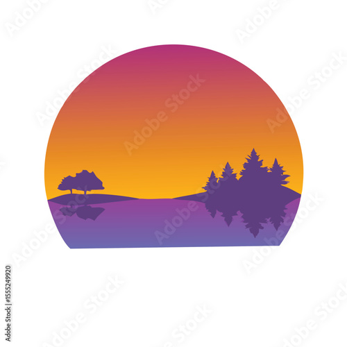 Serene landscape at dusk with vibrant orange color vector art design 
