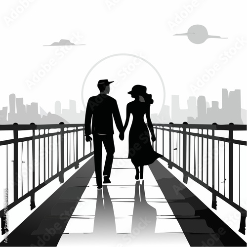 Romantic Silhouette of a Couple Walking Hand in Hand Across the Bridge Vector