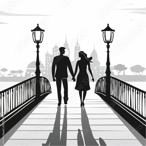 Romantic Silhouette of a Couple Walking Hand in Hand Across the Bridge Vector