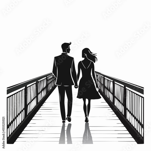 Silhouette of a Loving Couple Walking Together Across a Bridge in Peaceful Harmony Vector