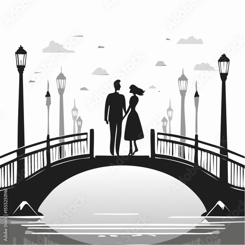 Silhouette of a Loving Couple Walking Together Across a Bridge in Peaceful Harmony Vector