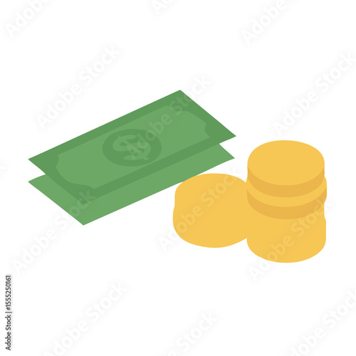 Stacks of us dollar bills and gold coins vector art design 