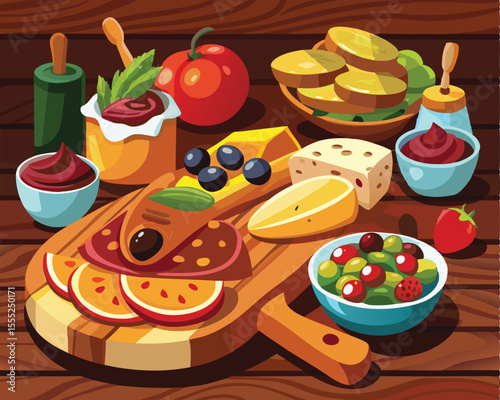 Spanish tapas assortment on rustic wooden surface vector art design 