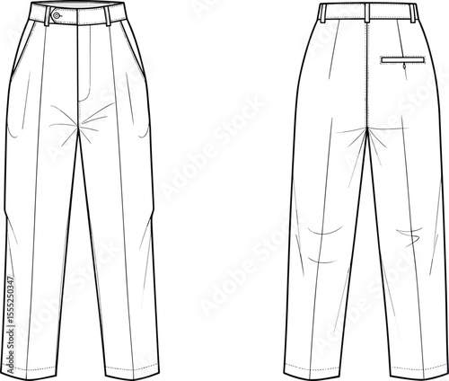 Flat sketch of women’s high-waisted pleated trousers with waistband, front and back view, cad drawing fashion technical vector illustration