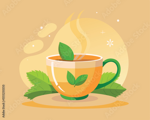 Steaming cup of herbal infusion with fresh herbs vector art design 