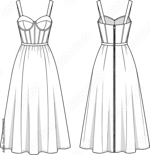 Flat sketch of women’s corset midi dress with straps and back zipper, fashion technical cad drawing vector flat illustration design