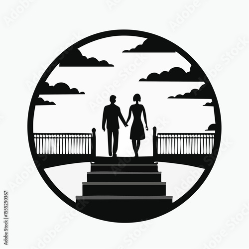 Evening Walk of a Couple Holding Hands on a Bridge Silhouette Scene Vector Art