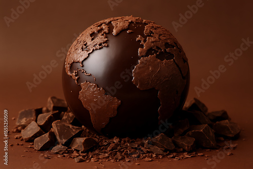 A delicious chocolate globe with a detailed world map, surrounded by broken chocolate pieces, celebrating world chocolate day