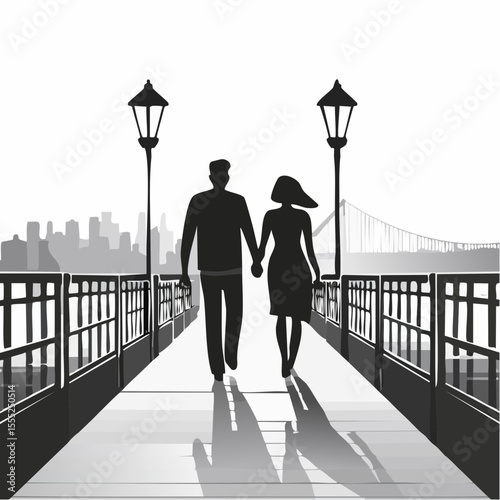 Evening Walk of a Couple Holding Hands on a Bridge Silhouette Scene Vector Art