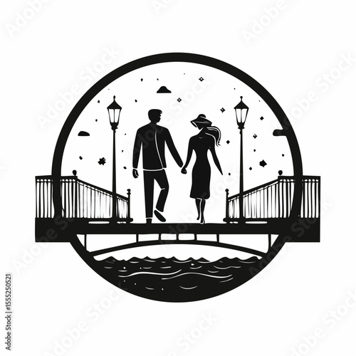 Evening Walk of a Couple Holding Hands on a Bridge Silhouette Scene Vector Art
