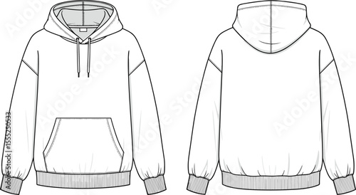 Hooded sweatshirt front and back flat sketch, unisex hoodie technical fashion CAD drawing vector for clothing design and apparel template