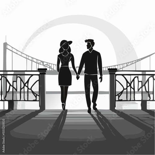Evening Walk of a Couple Holding Hands on a Bridge Silhouette Scene Vector Art