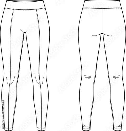 Leggings fashion cad drawing, front and back view, technical flat sketch, high waist activewear pants, vector outline illustration, template