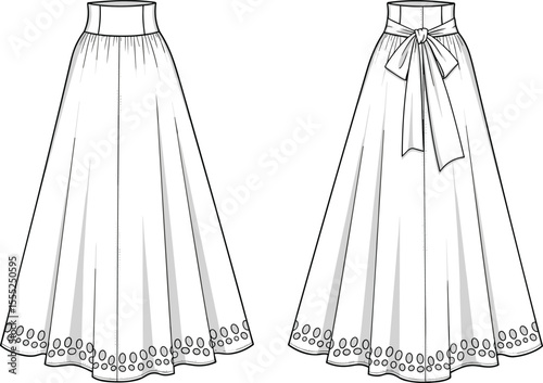 High waisted maxi skirt technical flat drawing with waist tie bow, flare hemline details, fashion cad vector illustration for design
