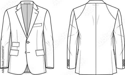 Men's tailored blazer fashion flat sketch, front and back technical drawing, classic formal jacket CAD illustration for apparel design