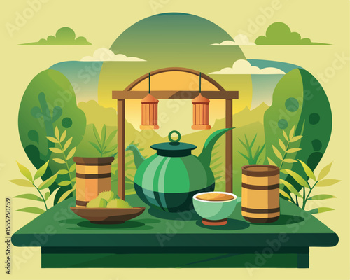 Traditional tea ceremony setup with elegant teaware vector art design 