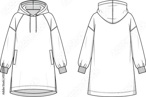 Oversized hooded sweatshirt dress flat vector cad sketch, fashion technical drawing, long sleeve pullover with pockets and ribbed cuffs design