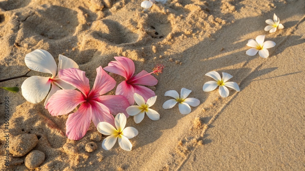 Pink Hibiscus and Plumeria Blossoms on Golden Sandy Beach Pink Hibiscus and Plumeria Blossoms on Golden Sandy Beach