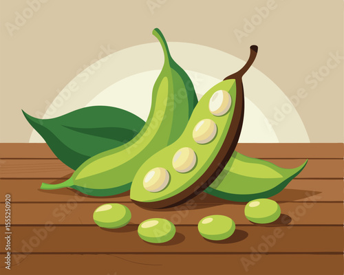 Velvet beans mucuna pods and seeds display on wooden background 