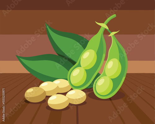 Velvet beans mucuna pods and seeds display on wooden background 