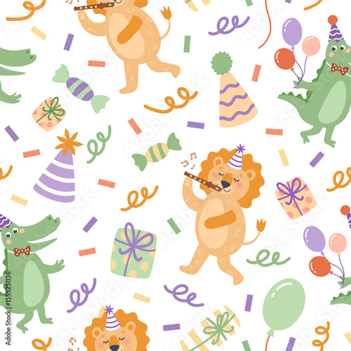 Cute colorful party birthday animal pattern. Lion and crocodile on white background. Hand-drawn vector illustration in flat style.